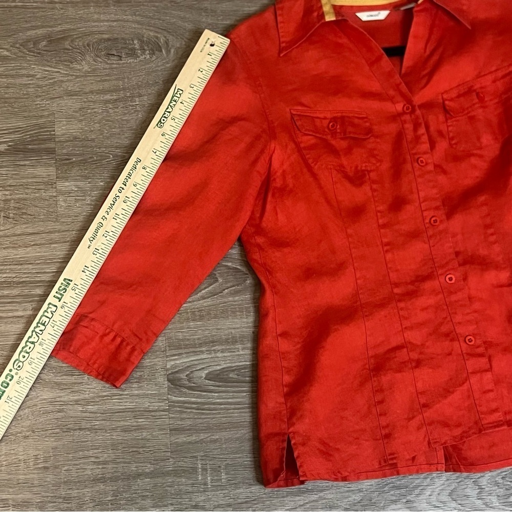 Edward Red 100% Linen Button Up Shirt Sz L 3/4 Sleeve Back Slit Jacket Blouse‌ - Picture 5 of 6